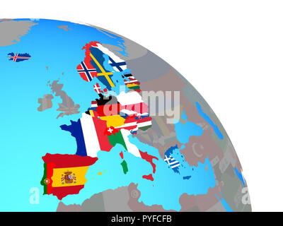 Schengen Area members with national flags on simple blue political globe. 3D illustration. Stock Photo