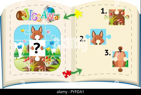 Jigsaw puzzle pieces of fox on the log illustration Stock Vector