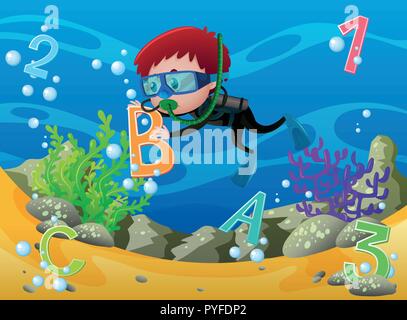 Learning numbers and alphabets with boy under the sea illustration Stock Vector