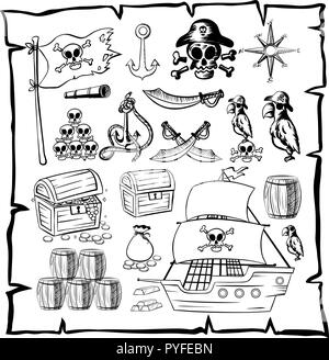 Treasure map with pirate symbols illustration Stock Vector Art