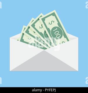 Salary cash in envelope isolated. Pay salary and workers compensation law, office rewards and loan accepted, customer gift or job payment. Vector illu Stock Vector