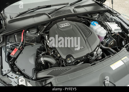 Hong Kong, China April 20, 2018 : Audi A5 Coupe 2018 Engine April 20 2018 in Hong Kong. Stock Photo