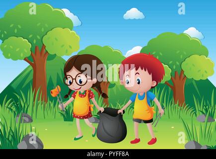 Two kids picking garbage in the park illustration Stock Vector