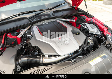 Hong Kong, China May 14, 2018 : Audi RS4 2018 Engine May 14 2018 in Hong Kong. Stock Photo