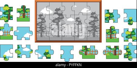 Jigsaw puzzle game with trees in garden illustration Stock Vector