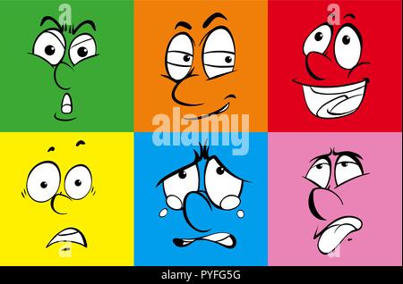 Set of six faces on color background illustration Stock Vector