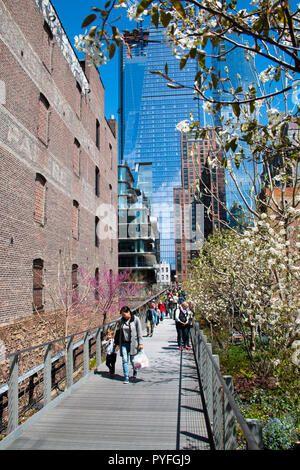 New York City Highline promenade with Hudson Yards skyscrapers at night ...