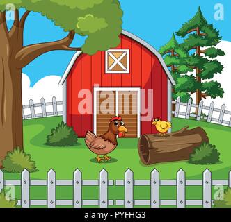 Background scene with chickens in the farm illustration Stock Vector ...