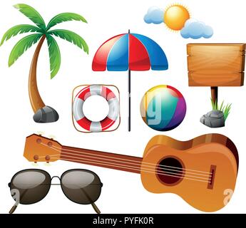 Summer set with guitar and other elements illustration Stock Vector