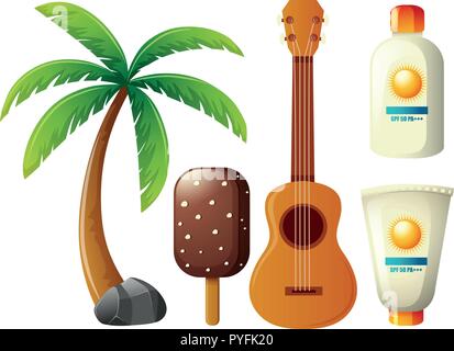 Summer set with coconut tree and guitar illustration Stock Vector