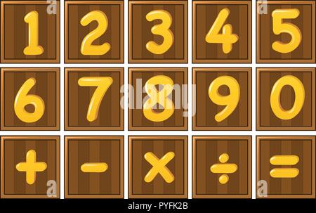 Number one to zero and math signs on wooden boards illustration Stock Vector
