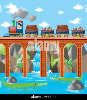 Log bridge over the river graphic black white forest landscape sketch ...
