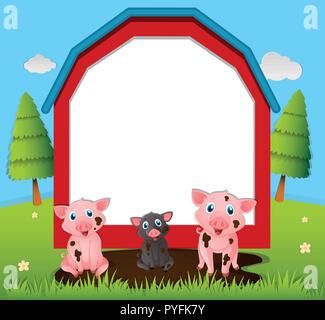 Border template with pigs in mud illustration Stock Vector