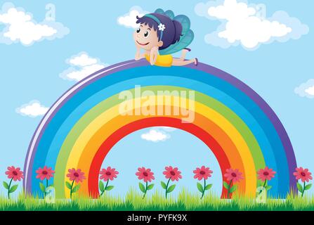 Fairy relaxing on colorful rainbow illustration Stock Vector