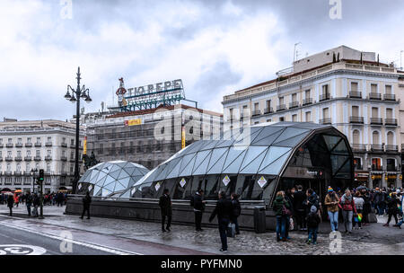 Modern entrance to Metro Sol at Plaza Puerta del Sol, Madrid, Spain. Stock Photo
