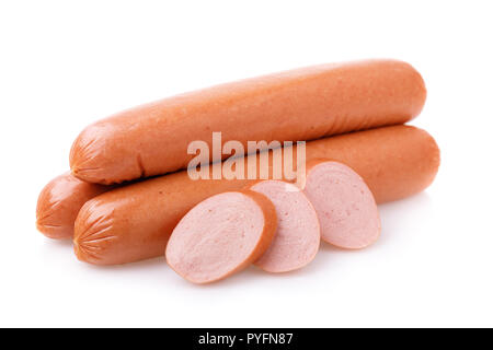 Three sausages with ​​slices isolated on white background Stock Photo