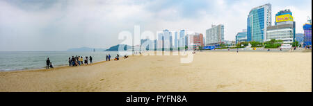 A panoramic view of Haeundae Beach, a sandy beach popular with tourists at Busan in South Korea Stock Photo