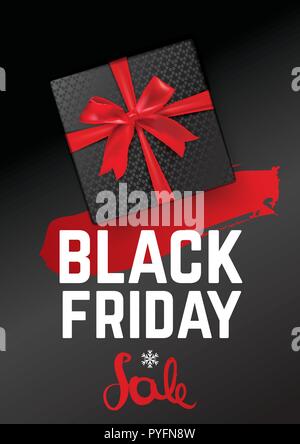 Black friday sale banner. Black Friday. Black gift with red realistic bow on the black background. Red blot. Stock Vector