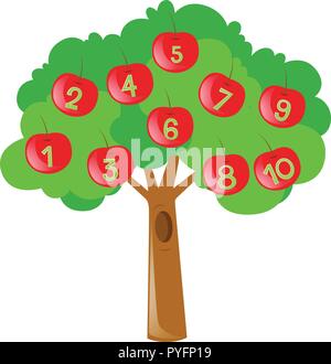 Counting numbers with red apples on tree illustration Stock Vector