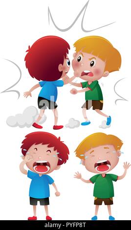 Two boys fighting and crying illustration Stock Vector