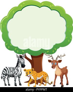 Border template with wild animals under tree illustration Stock Vector