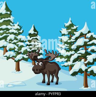 Moose stands in snow field illustration Stock Vector