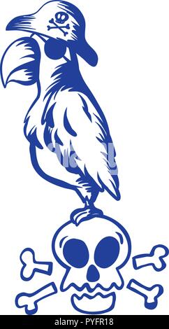Pirate macaw standing on skull illustration Stock Vector