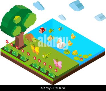 Park scene with many animals in 3D design illustration Stock Vector