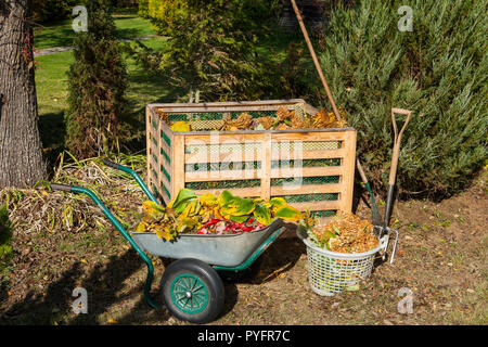 Image of compost bin in the autumn garden Stock Photo