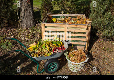 Image of compost bin in the autumn garden Stock Photo