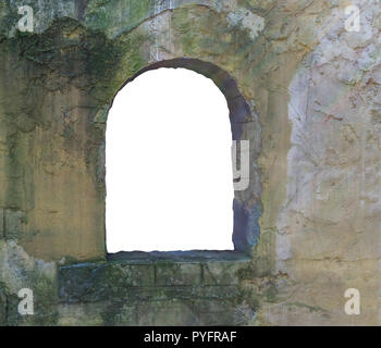 Old dirty stone wall with a open window frame cut out and isolated on white medieval background texture Stock Photo