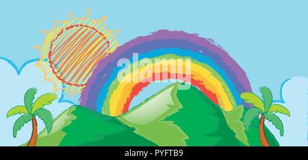 Doodle scene with rainbow over the mountain illustration Stock Vector