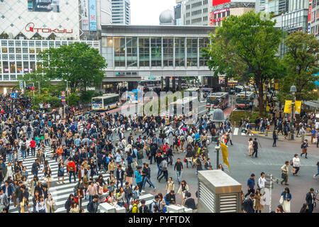 Tokyo, Japan - April 22, 2017: aerial view of unidentified pedestrians in Shibuya Crossing, one of the busiest crosswalks in the world. Shibuya is one of Tokyo's most famous neighborhoods. Stock Photo
