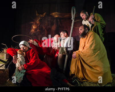 Villaga, Italy - December 30, 2017: Representation of the nativity recreating the famous paintings of Giotto and Caravaggio. Stock Photo