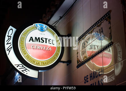 A sign of  Dutch beer brand own by the Heineken International, Amstel Brewery, seen in Spain. Stock Photo