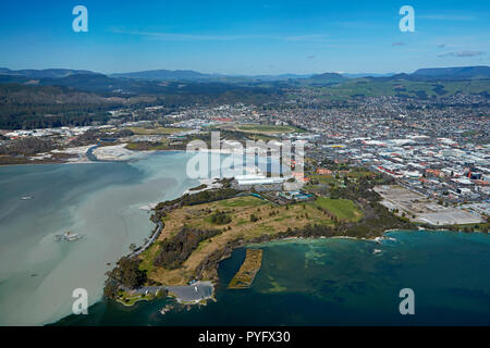 Sulphur Bay, Golf Course, Government Gardens, and city centre, Rotorua, North Island, New Zealand - aerial Stock Photo