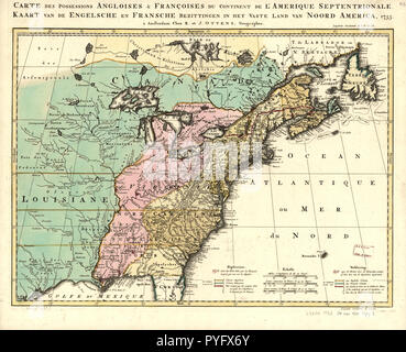 Vintage Maps / Antique Maps - Carte des possessions angloises & françoises du continent de l'Amérique septentrionale. Kaart van de Engelsche en Fransche bezittingen in het vaste land van Noord America Stock Photo