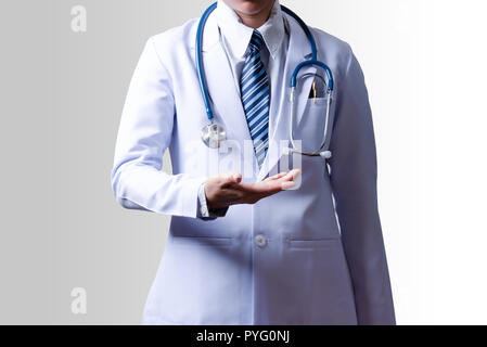 doctor holding right hand for holding something in hand on gray background with clipping path for easy to selection Stock Photo