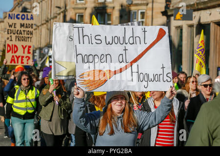 Glasgow, UK. 27th October 2018. Over 20,000 Primary school teachers, secondary school teachers, teachers for pupils with special needs and teaching support staff from across Scotland marched through Glasgow supported by several MP's MSP's and Trades Union Officials to a rally in the city centre's George Square. Credit: Findlay/Alamy Live News Stock Photo