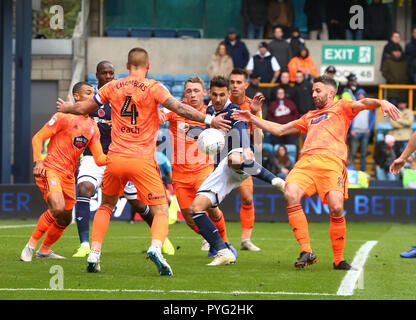 London, UK. 27 October, 2018 Lee Gregory of Millwall scores during Sky Bet Championship match between Millwall and Ipswich Town at The Den Ground, London. Credit Action Foto Sport   FA Premier League and Football League images are subject to DataCo Licence EDITORIAL USE ONLY No use with unauthorised audio, video, data, fixture lists (outside the EU), club/league logos or 'live' services. Online in-match use limited to 45 images (+15 in extra time). No use to emulate moving images. Credit: Action Foto Sport/Alamy Live News Stock Photo