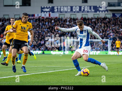 Brighton, UK. 27th October 2018. Solly March of Brighton and Hove Albion during the Premier League match between Brighton and Hove Albion and Wolverhampton Wanderers at the AMEX Stadium, Brighton, England on 27 October 2018. Photo by Liam McAvoy. Credit: UK Sports Pics Ltd/Alamy Live News
