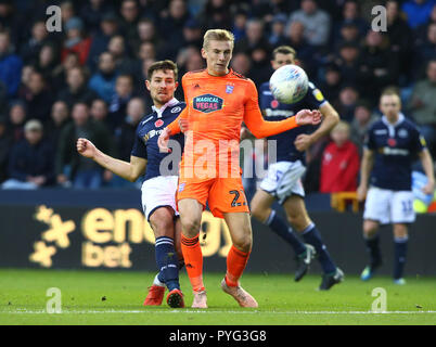 London, UK. 27 October, 2018 Ryan Leonard of Millwall scores 3rd goal during Sky Bet Championship match between Millwall and Ipswich Town at The Den Ground, London. Credit Action Foto Sport   FA Premier League and Football League images are subject to DataCo Licence EDITORIAL USE ONLY No use with unauthorised audio, video, data, fixture lists (outside the EU), club/league logos or 'live' services. Online in-match use limited to 45 images (+15 in extra time). No use to emulate moving images. Credit: Action Foto Sport/Alamy Live News Stock Photo