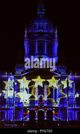 Prague, Czech Republic. 27th Oct, 2018. Video mapping on National Museum on the occasion of 100th anniversary of Czechoslovakia's establishment in Prague, Czech Republic, October 27, 2018. Credit: Roman Vondrous/CTK Photo/Alamy Live News Stock Photo