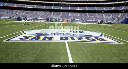 San Diego CA. 27th Oct, 2018. Qualcomm Stadium midfield logo before the Navy vs Norte Dame game at Qualcomm Stadium in San Diego, Ca. on October 27, 2018 (Photo by Jevone Moore) Credit: csm/Alamy Live News Stock Photo