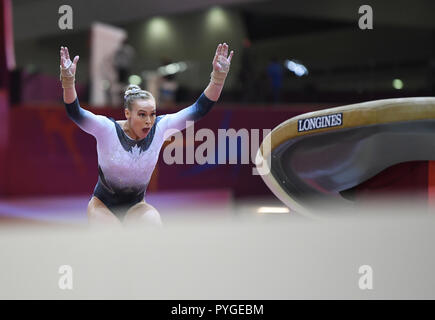 Doha, Katar. 28th Oct, 2018. Ellie Black (Canada) at the jump. GES/Gymnastics/Gymnastics World Championships in Doha, Qualification, 28.10.2018 - GES/Artistic Gymnastics/Gymnastics World Championships: 28.10.2018 - | usage worldwide Credit: dpa/Alamy Live News Stock Photo