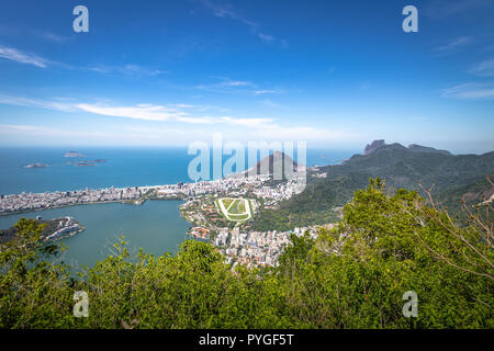 Aerial view of Rodrigo de Freitas Lagoon, Two Brothers Hill (Morro Dois Irmaos) and Pedra da Gavea Stone - Rio de Janeiro, Brazil Stock Photo