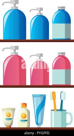 Shampoo bottles and toothbrushes on the shelves illustration Stock Vector