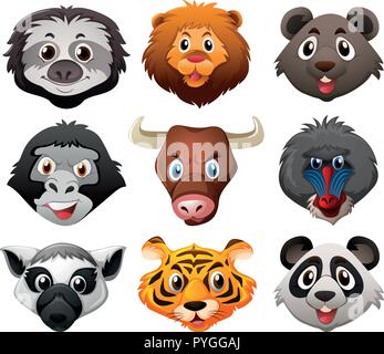 Different faces of wild animals illustration Stock Vector