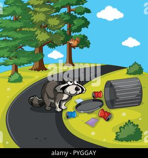 Racoon searching trash in park illustration Stock Vector