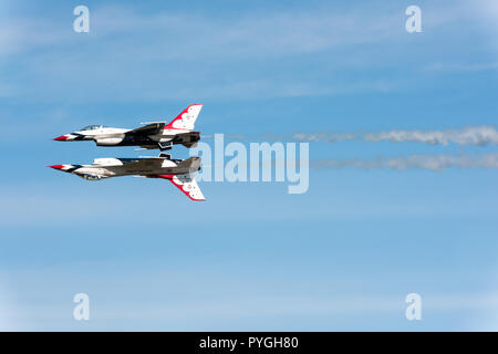 US Airforce Thunderbirds performing their Reflection Pass during the Westfield Airshow. Stock Photo